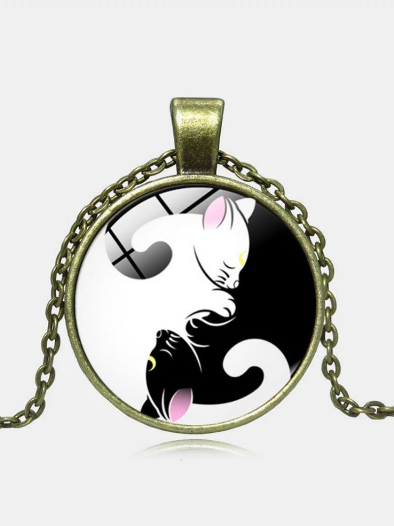 Vintage Sklenená Potlač Dámsky Náhrdelník Yin-yang Čierno-biela Mačka Prívesok Šperky Darček
