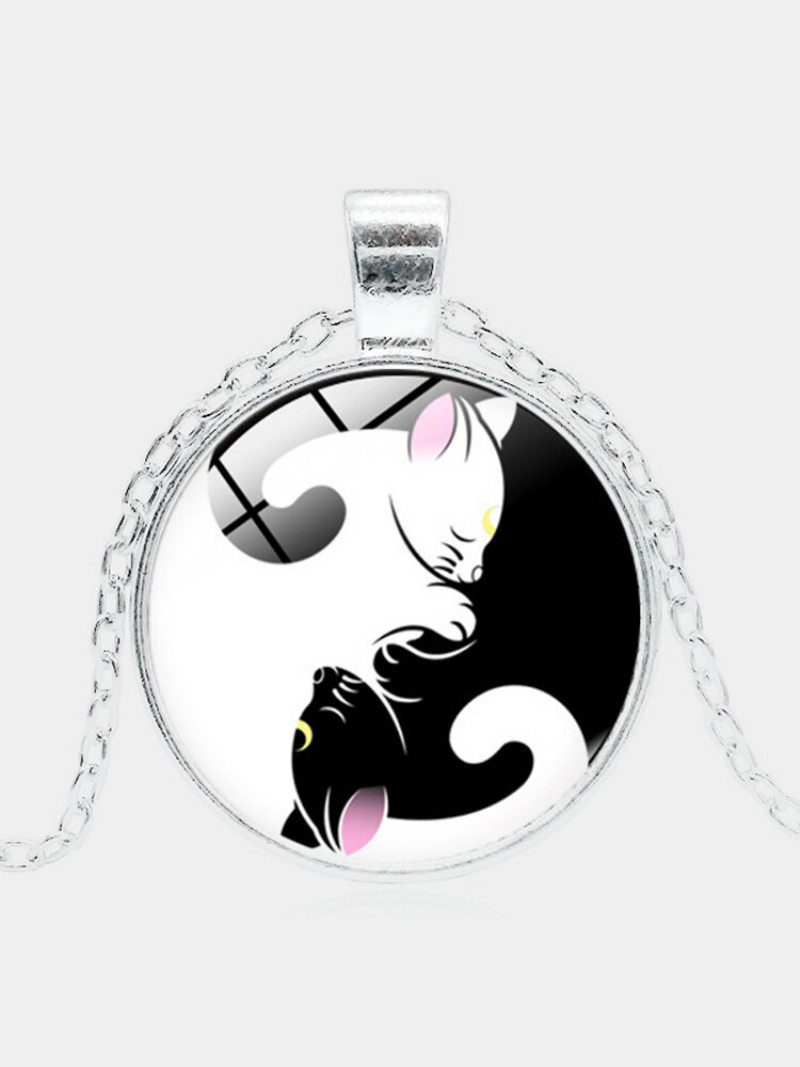 Vintage Sklenená Potlač Dámsky Náhrdelník Yin-yang Čierno-biela Mačka Prívesok Šperky Darček