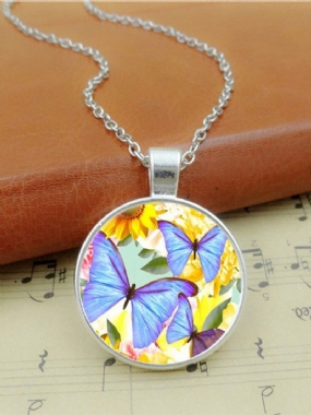 Vintage Sklenená Potlač Ženy Náhrdelník Motýle Kvety Prívesok Sveter Retiazka Šperky Darček