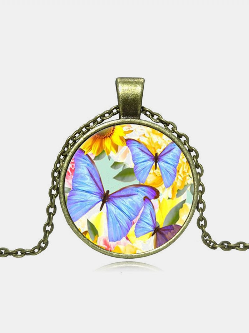 Vintage Sklenená Potlač Ženy Náhrdelník Motýle Kvety Prívesok Sveter Retiazka Šperky Darček