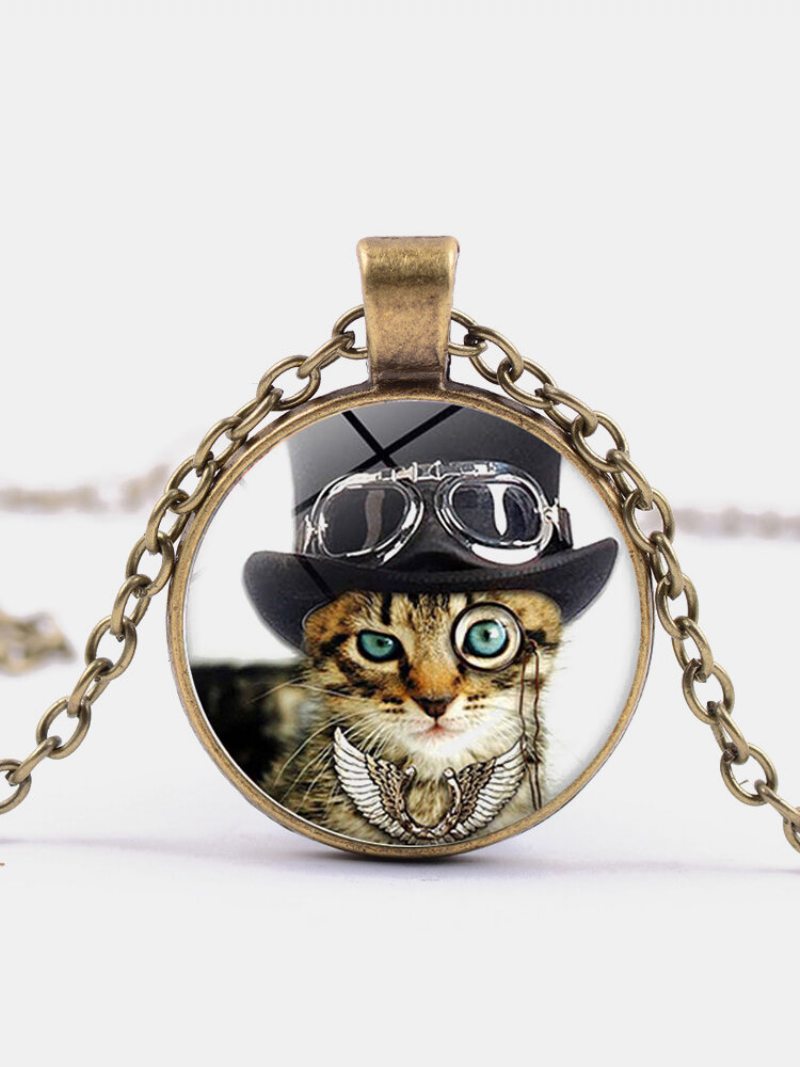 Vintage Sklenená Potlač Žien Náhrdelník Cat Cylindr Monocle Prívesok Šperky Darček