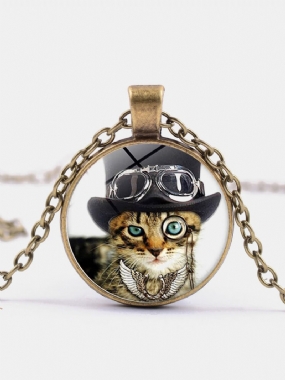 Vintage Sklenená Potlač Žien Náhrdelník Cat Cylindr Monocle Prívesok Šperky Darček