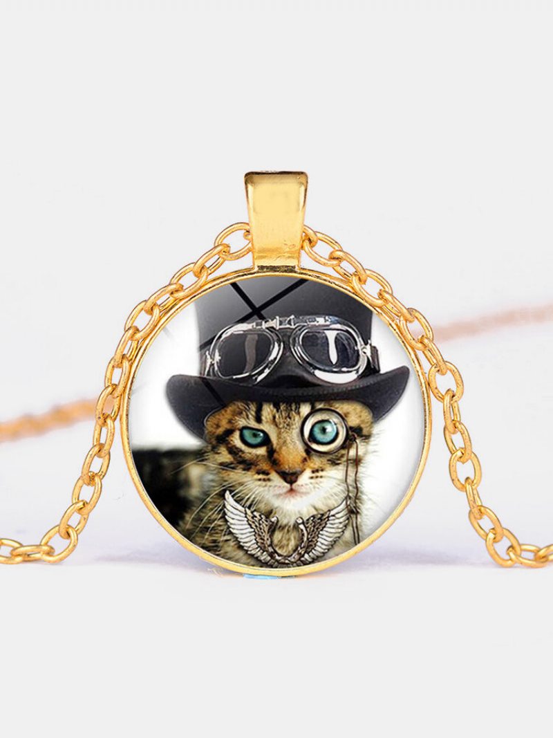 Vintage Sklenená Potlač Žien Náhrdelník Cat Cylindr Monocle Prívesok Šperky Darček