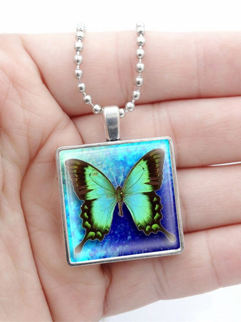 Vintage Square Glass Printed Women Náhrdelník Butterfly Prívesok Sveter Retiazka Šperky Darček