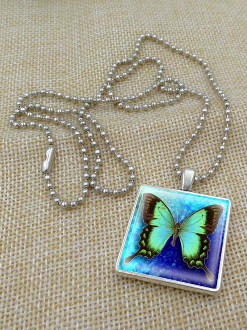 Vintage Square Glass Printed Women Náhrdelník Butterfly Prívesok Sveter Retiazka Šperky Darček