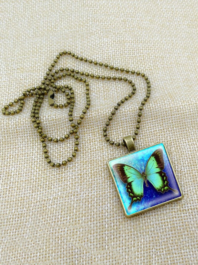 Vintage Square Glass Printed Women Náhrdelník Butterfly Prívesok Sveter Retiazka Šperky Darček