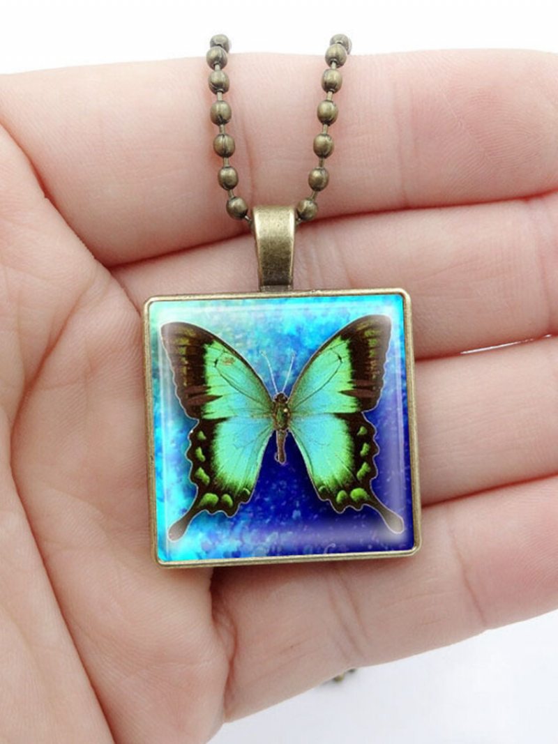 Vintage Square Glass Printed Women Náhrdelník Butterfly Prívesok Sveter Retiazka Šperky Darček