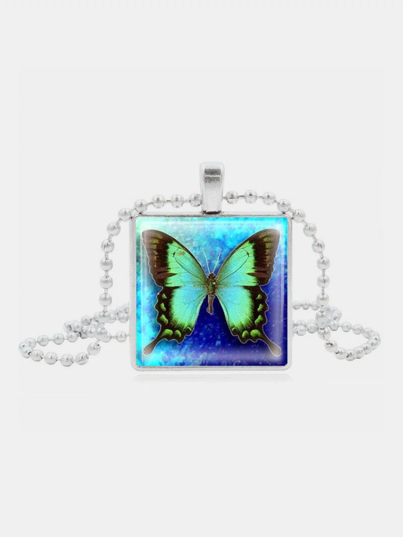 Vintage Square Glass Printed Women Náhrdelník Butterfly Prívesok Sveter Retiazka Šperky Darček