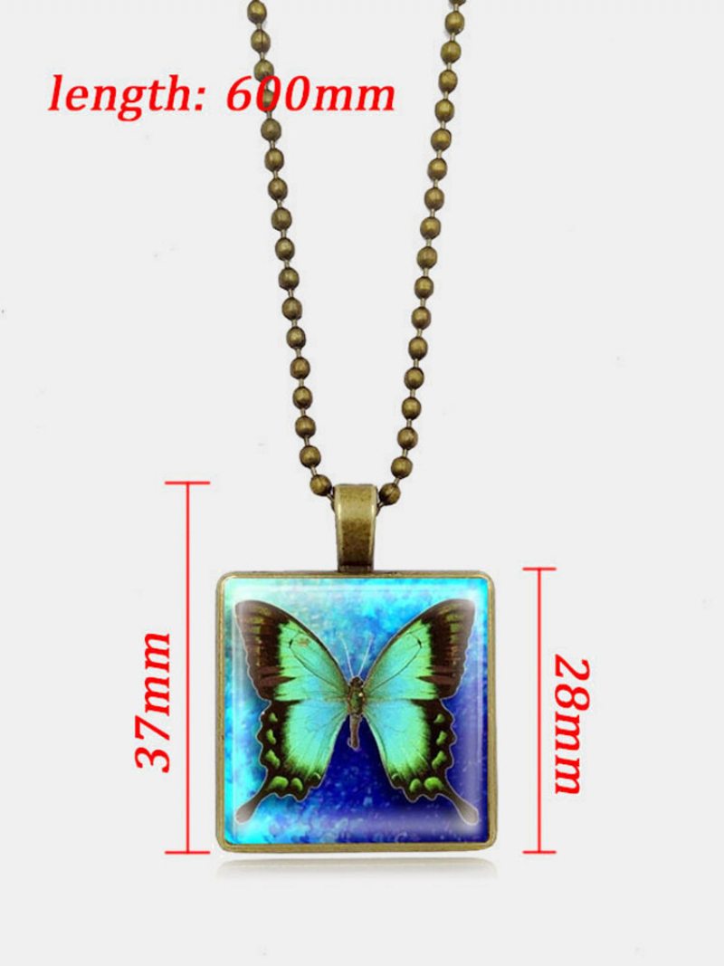 Vintage Square Glass Printed Women Náhrdelník Butterfly Prívesok Sveter Retiazka Šperky Darček