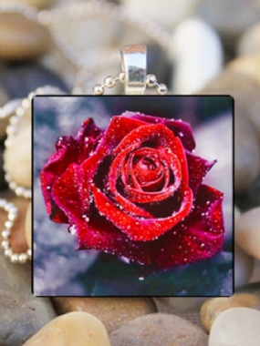Vintage Square Glass Printed Women Náhrdelníky Rose Flower Prívesok Náhrdelník Šperky