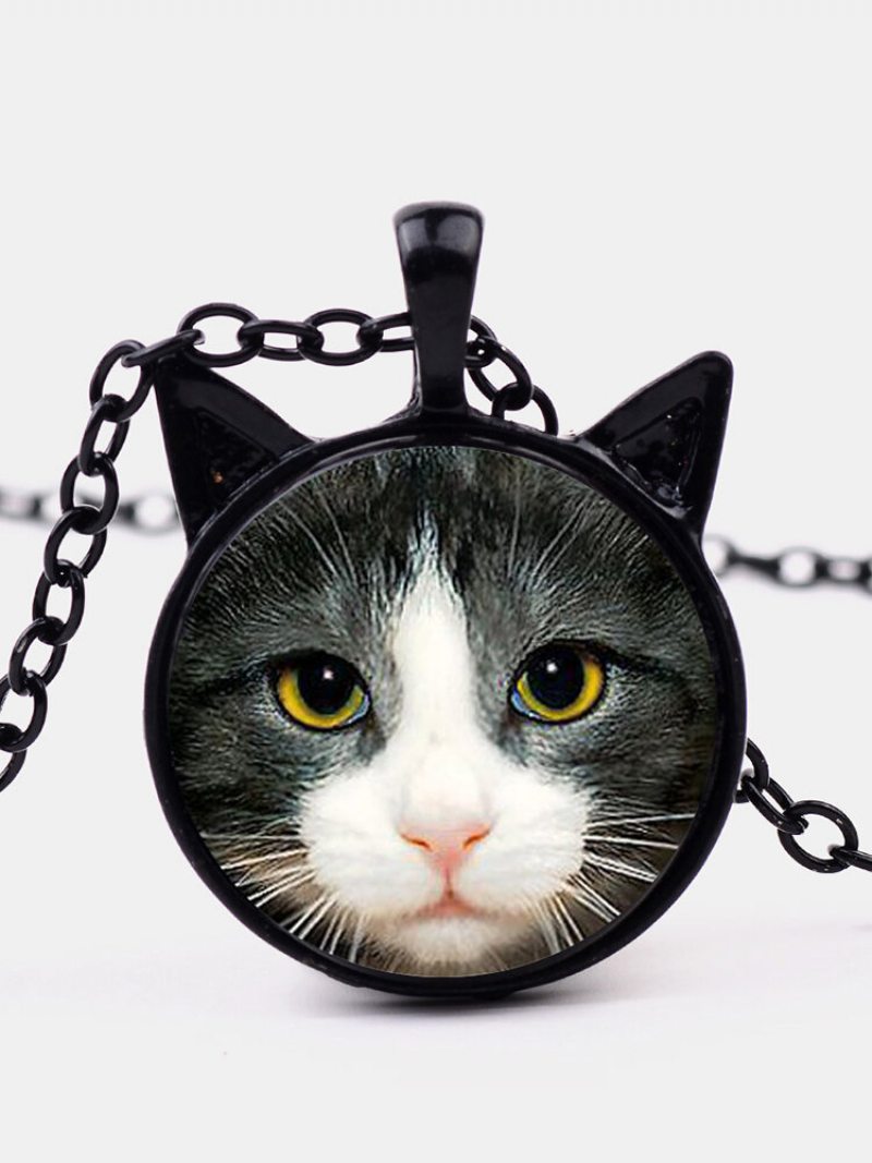 Vintage Tlačená Čierna Biela Mačacia Tvár Dámsky Náhrdelník Sveter S Príveskom Do Uší Pre Mačky