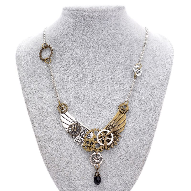 Vintage Unisex Šperky Steampunkový Náhrdelník S Krídelkami A Výstrojom Crystal Drop Charm