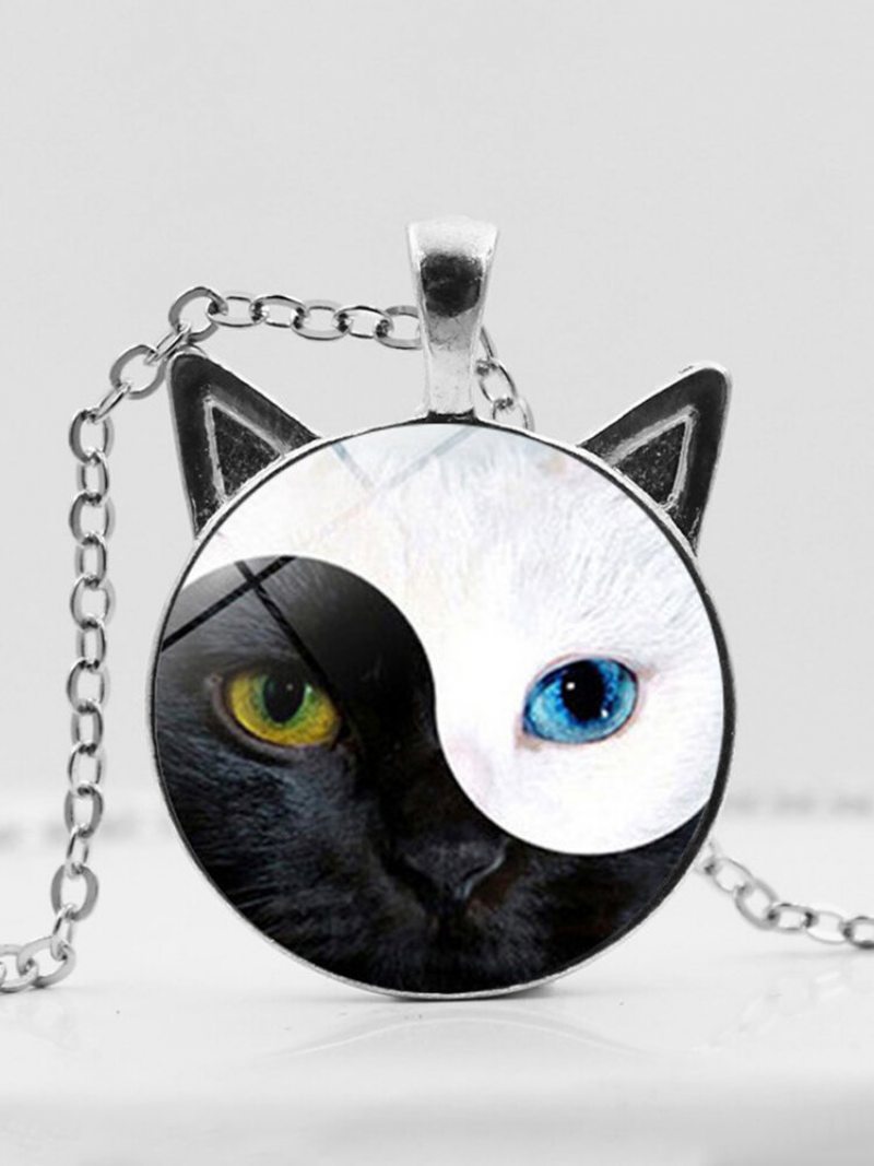 Vintage Yin Yang Cat Face Printed Women Náhrdelník S Príveskom Cat Ear