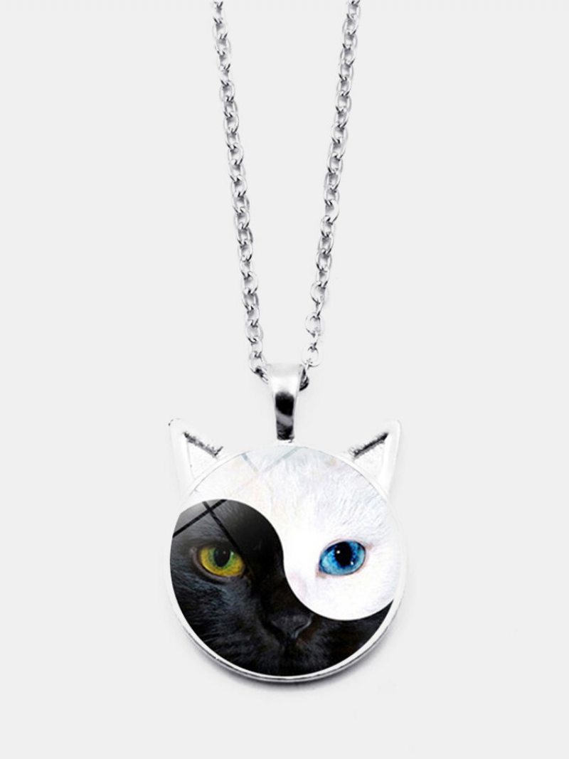 Vintage Yin Yang Cat Face Printed Women Náhrdelník S Príveskom Cat Ear