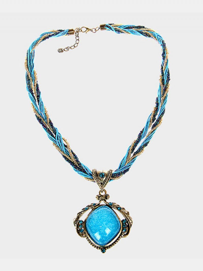 Zliatina Tyrkysová Vintage Bohémsky Ručne Vyrobený Diamantový Náhrdelník S Príveskom
