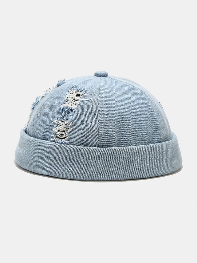 Unisex Denim Rozbité Diery Vyrobené Zo Starej Módy Outdoorová Čiapka Bez Okrajov Landlord Cap Skull Cap