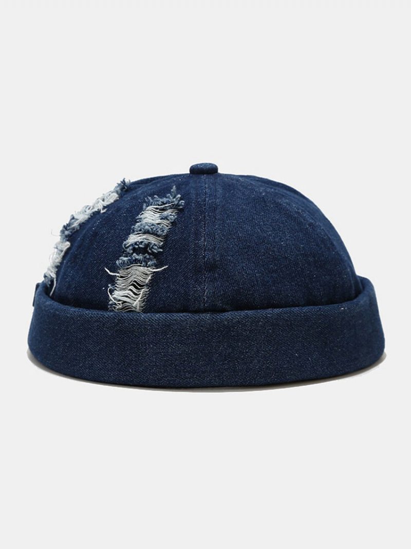 Unisex Denim Rozbité Diery Vyrobené Zo Starej Módy Outdoorová Čiapka Bez Okrajov Landlord Cap Skull Cap