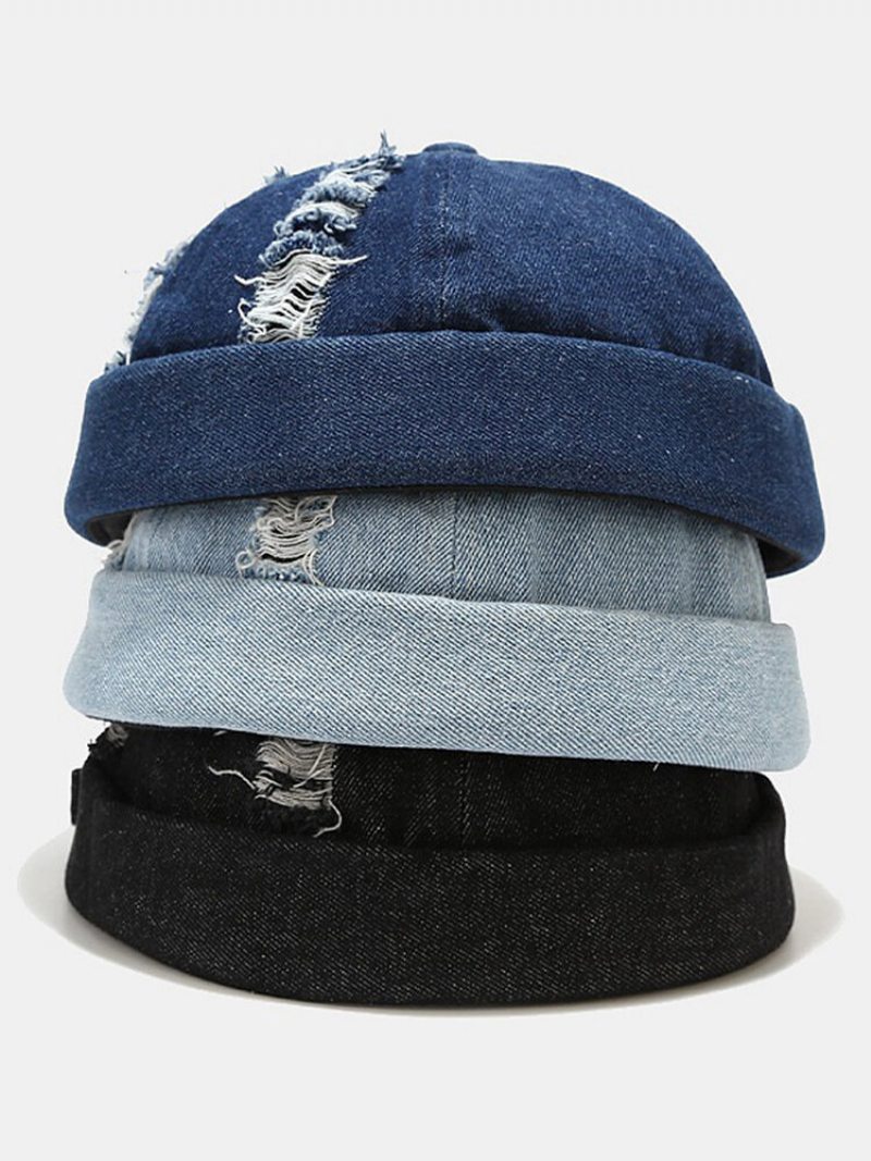 Unisex Denim Rozbité Diery Vyrobené Zo Starej Módy Outdoorová Čiapka Bez Okrajov Landlord Cap Skull Cap