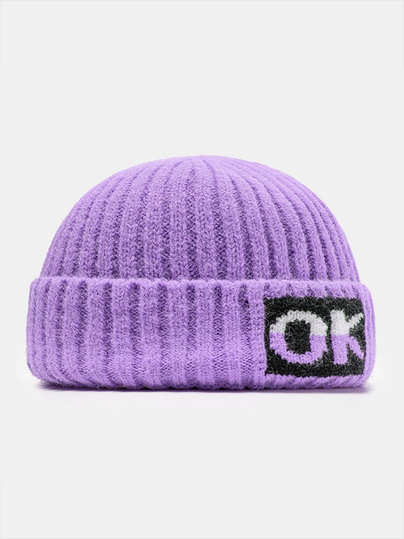 Unisex Pletené Jednofarebné Písmeno Žakárové Bez Okrajov Lemovanie Vonkajšie Teplo Čiapka Bez Landlord Cap Skull Cap