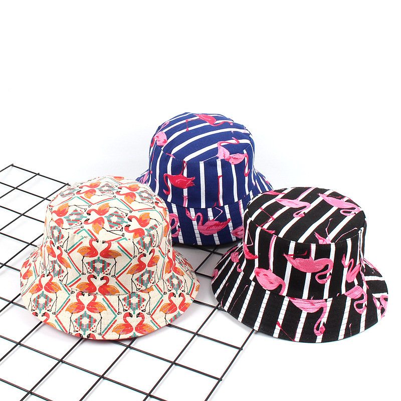 Women Print Flamingo Canvas Bucket Klobúk Vonkajší Slnečník Fisherman Cap